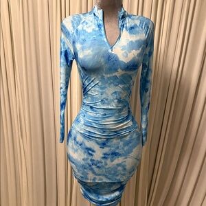 Stylish Blue Tie-Dye Long Sleeve Dress